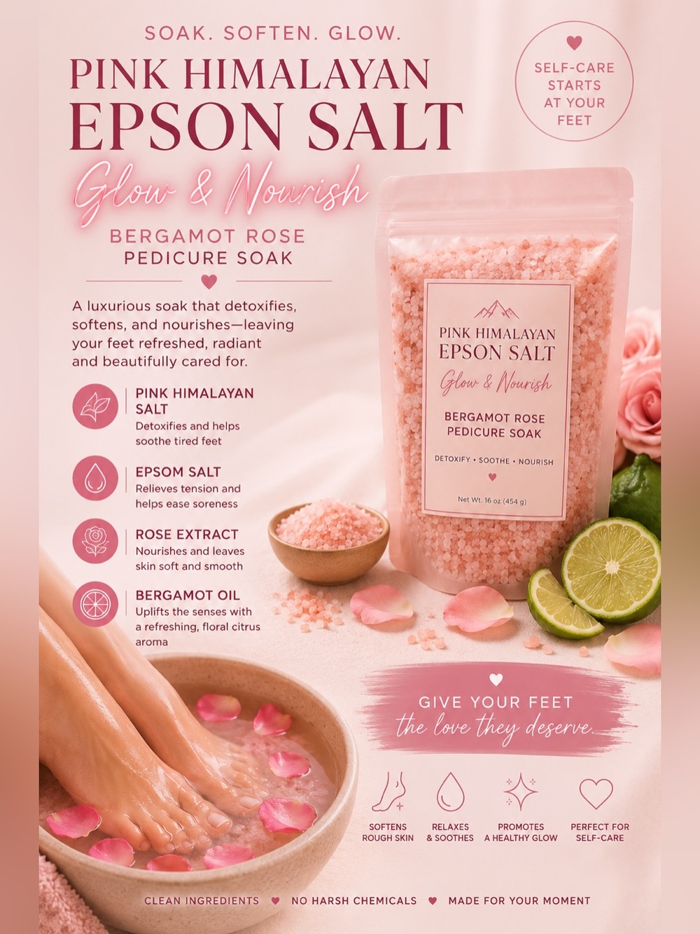Handcrafted Epson Salt Bergamot Rose Pedicure Soak  Glow & Nourish